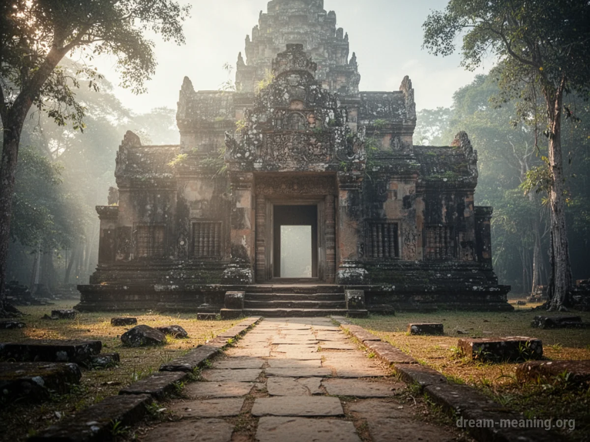 An ancient stone temple with a pathway leading to its entrance, illuminated by soft light.