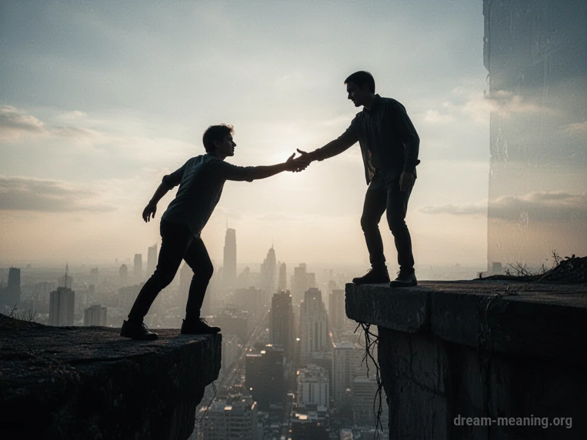 Silhouette of a person helping another person on a ledge.