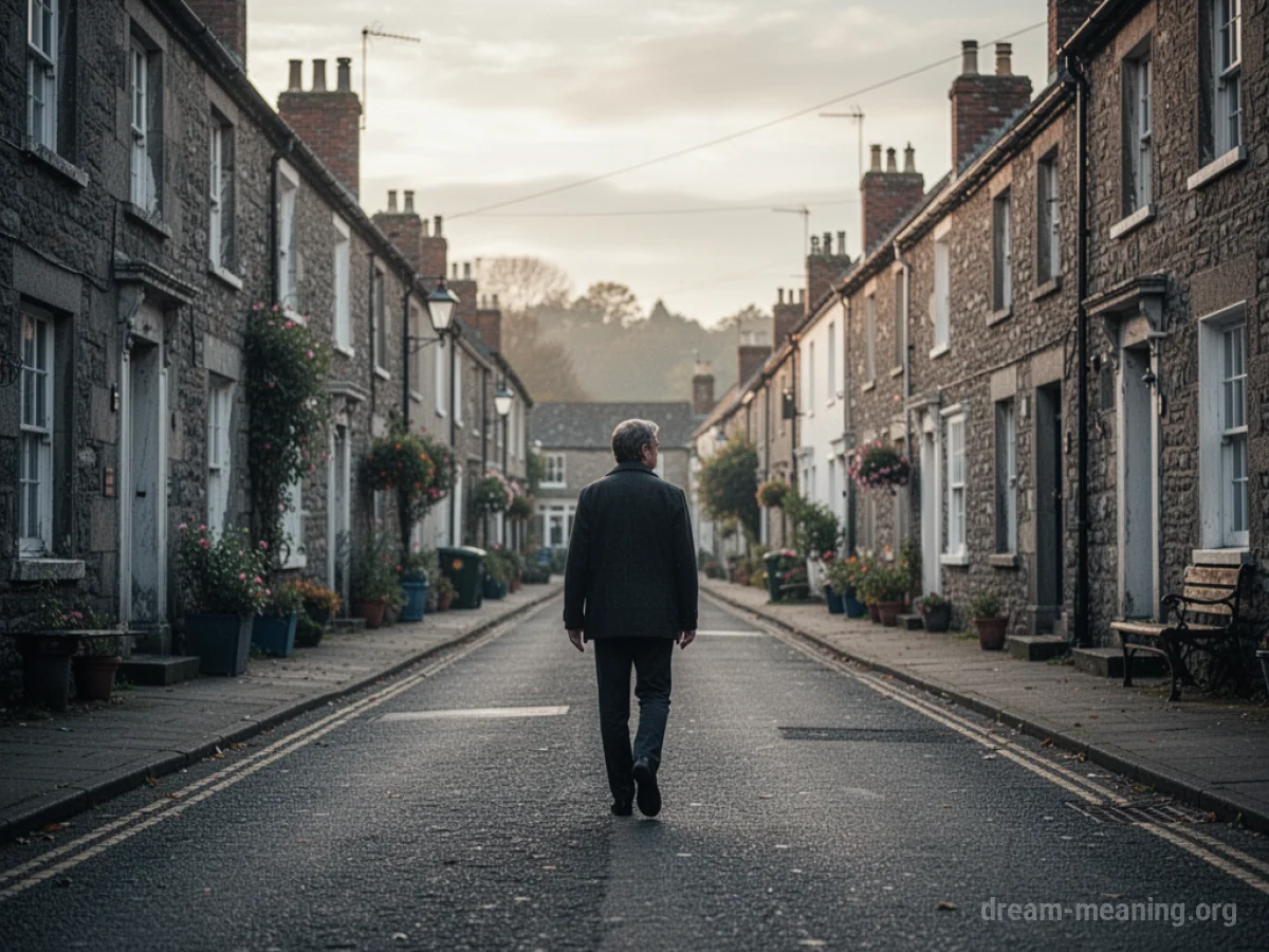 A person walks down a town street looking.