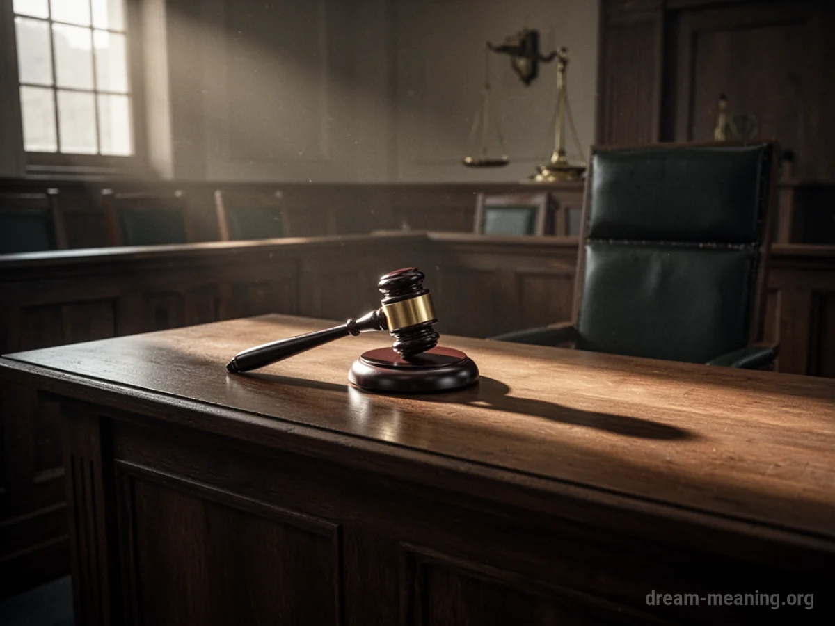 A solitary gavel rests on a wooden judge's bench in a shadowed courtroom.