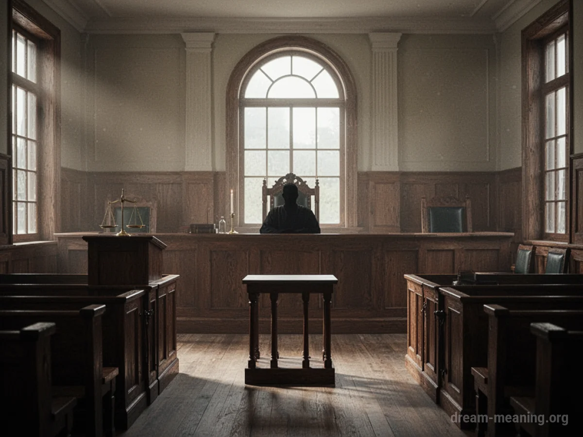 View of an empty courtroom from the back, showing benches and a judge's stand.