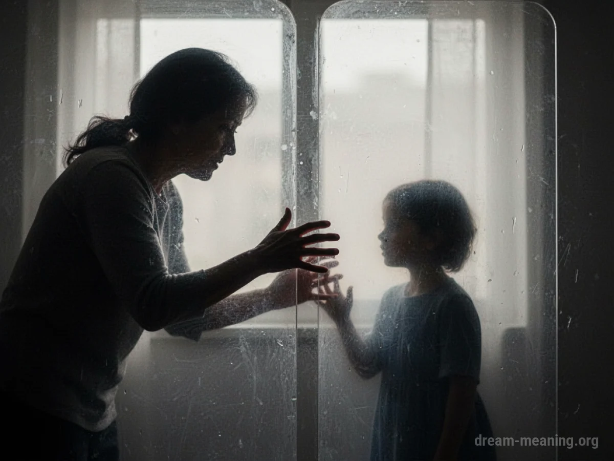 A parent figure reaching out to a small silhouette behind a glass wall.
