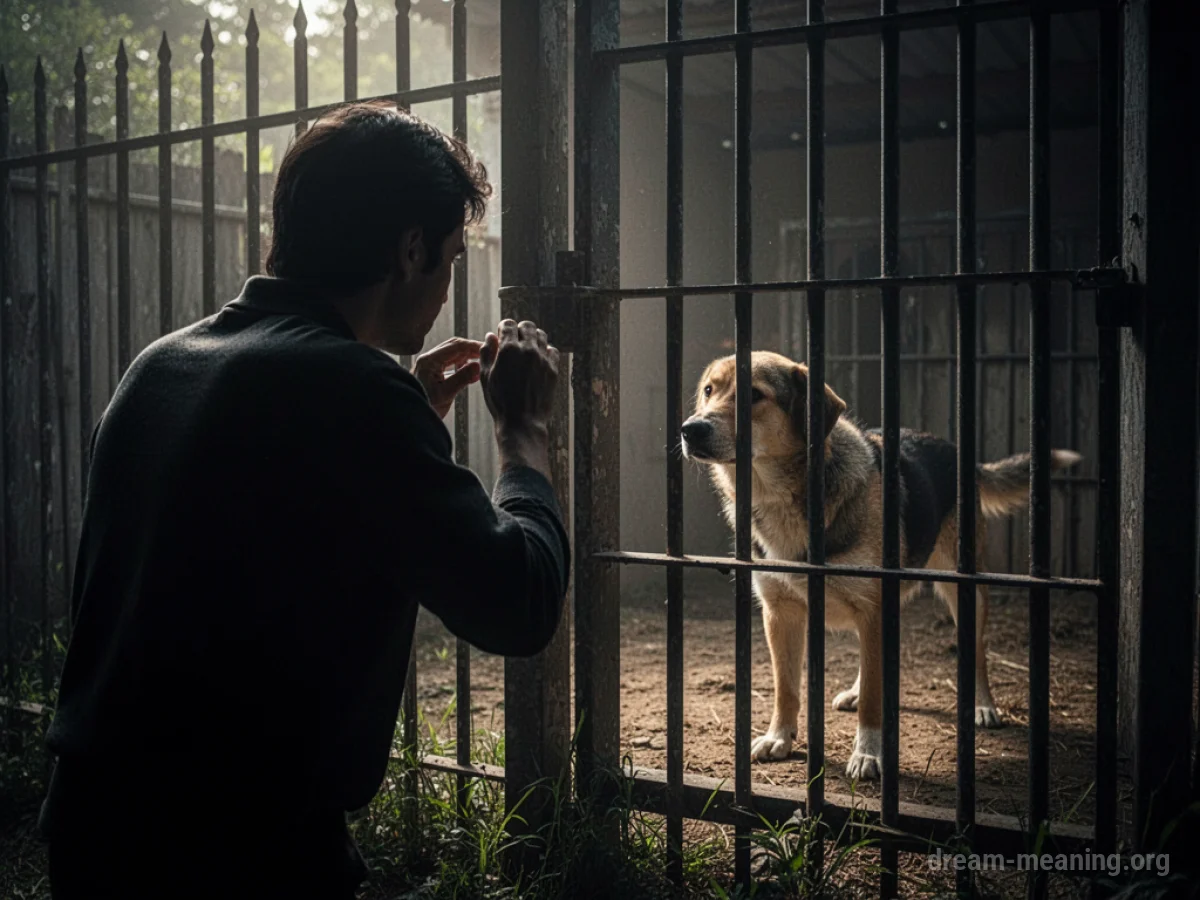 Silhouette of a person looking at a dog behind a fence.