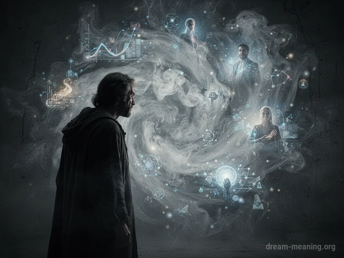 A silhouette gazes into a hazy, swirling vortex containing faint glimpses of potential future scenes.