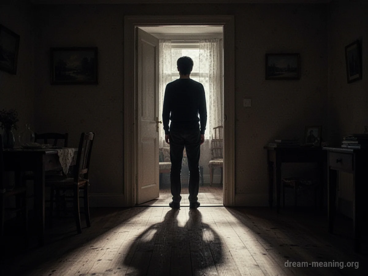 Silhouette of a person in a doorway with a shadow extending into a room.