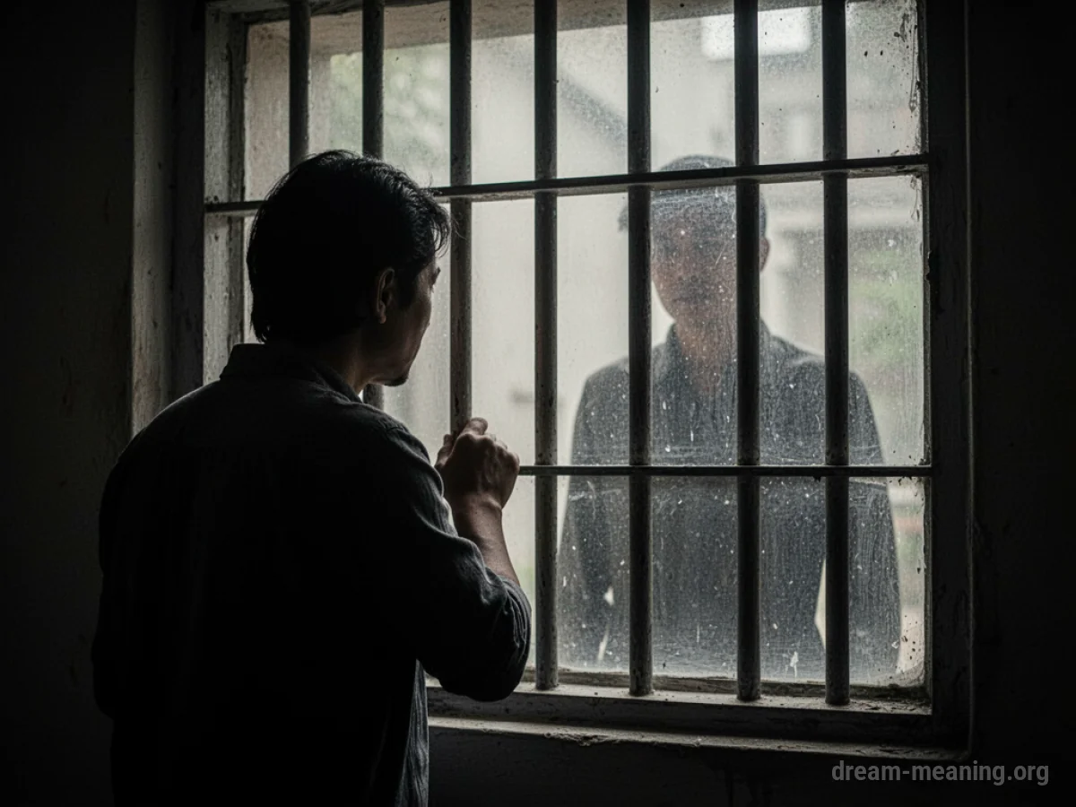 Silhouette of a person looking through a barred window at another figure inside.