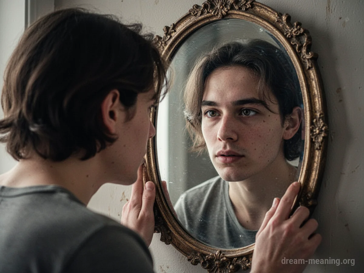 A person's reflection in a mirror appears slightly altered.