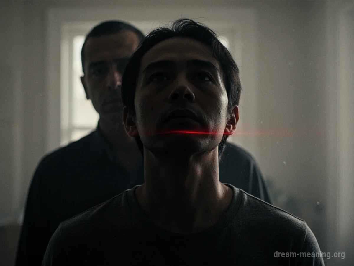 A shadowy silhouette stands behind a person whose throat area is dark.