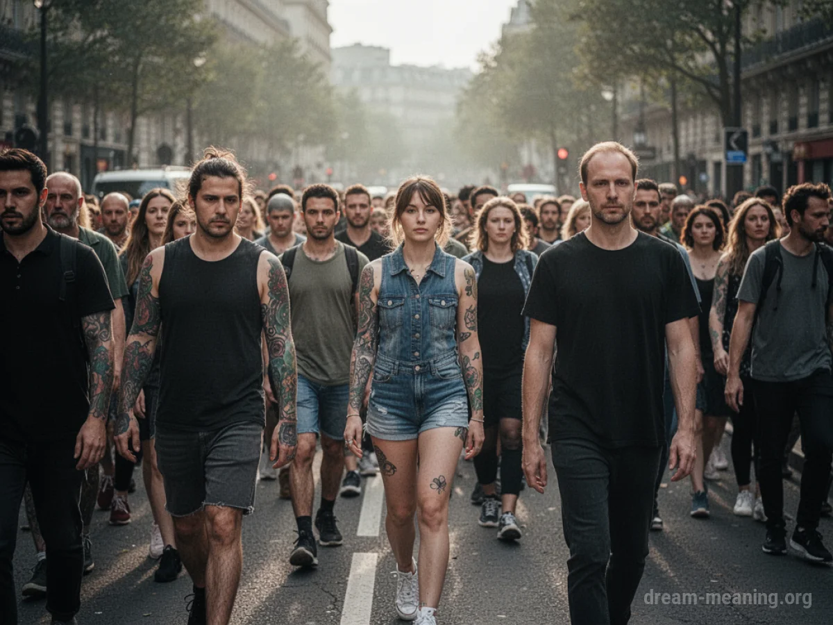 Silhouettes of people with various tattoos walking past a person.