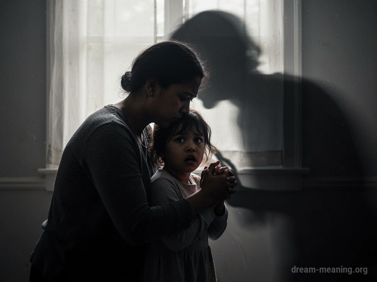 A parent silhouette shielding a child silhouette from a large shadow.