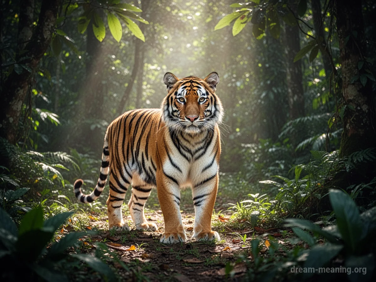 A tiger stands in a sunlit jungle.