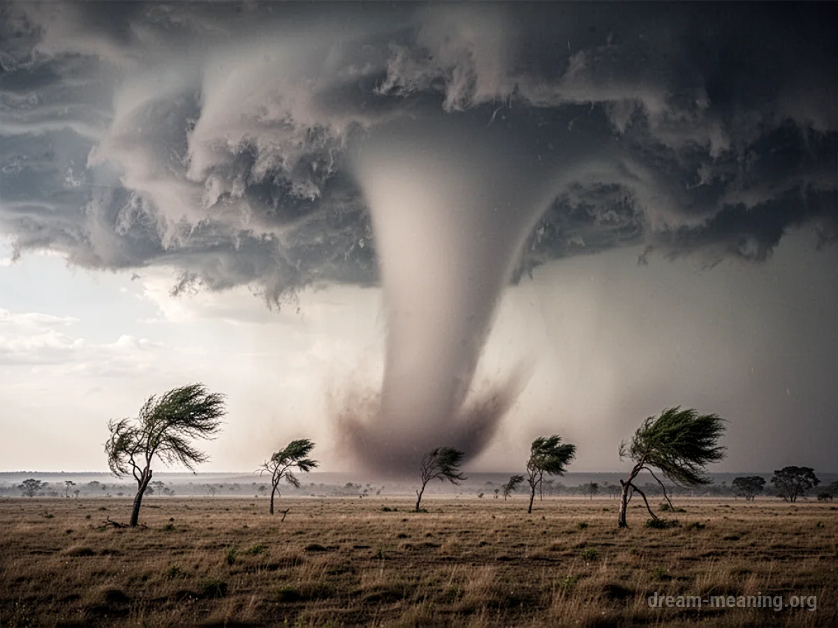 A large tornado funnel cloud descending from dark storm clouds onto a rural landscape.