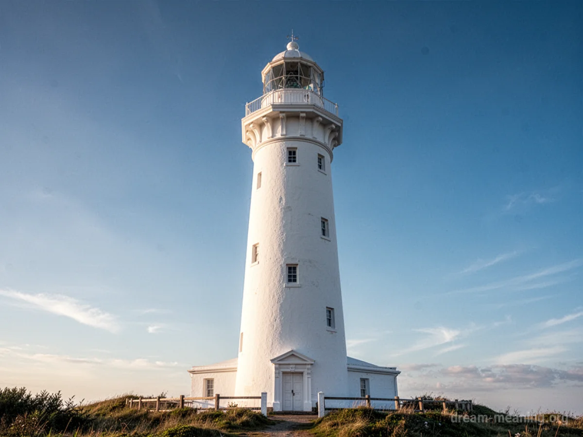 A tall, white tower against a bright blue sky.