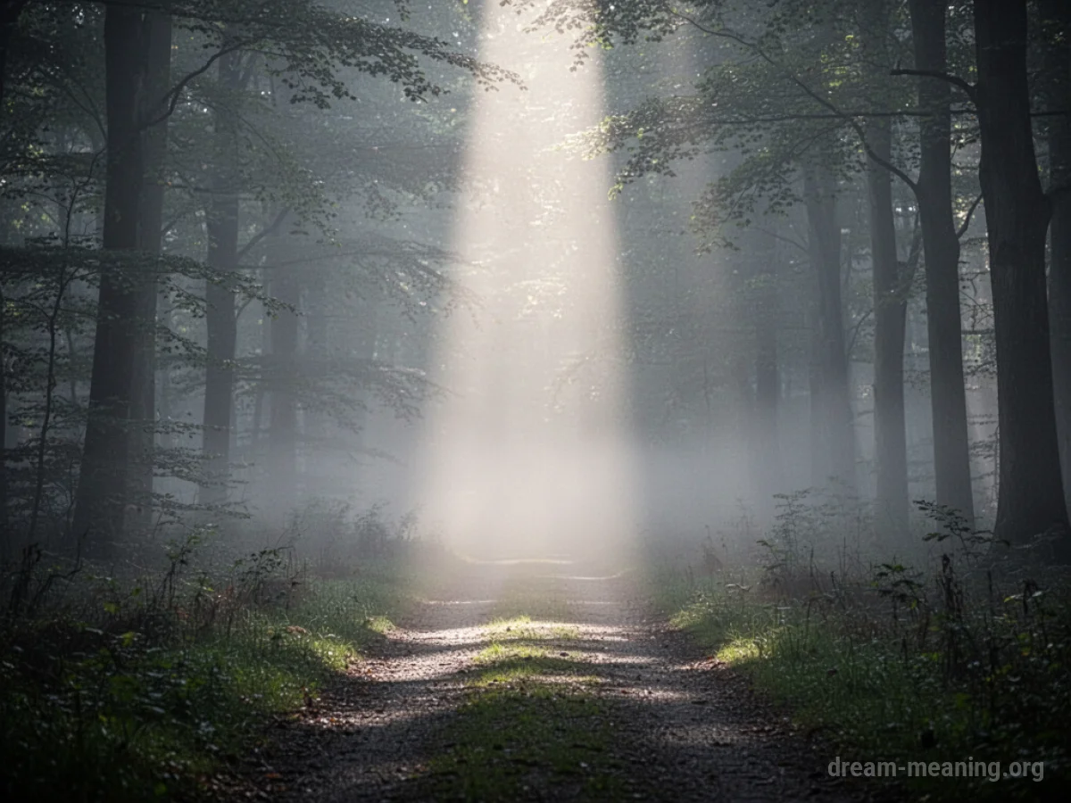A beam of light cutting through mist onto a path.