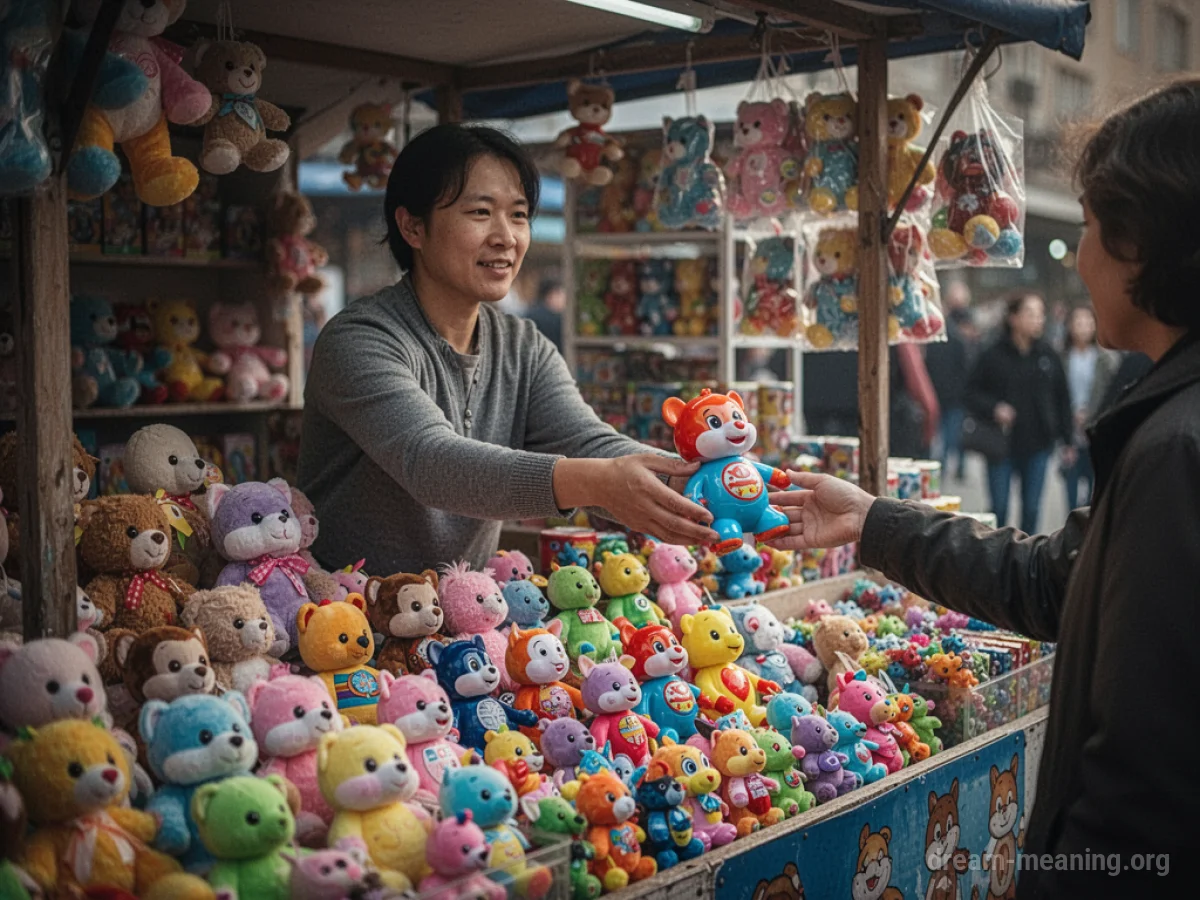 A hand offering a toy over a counter.