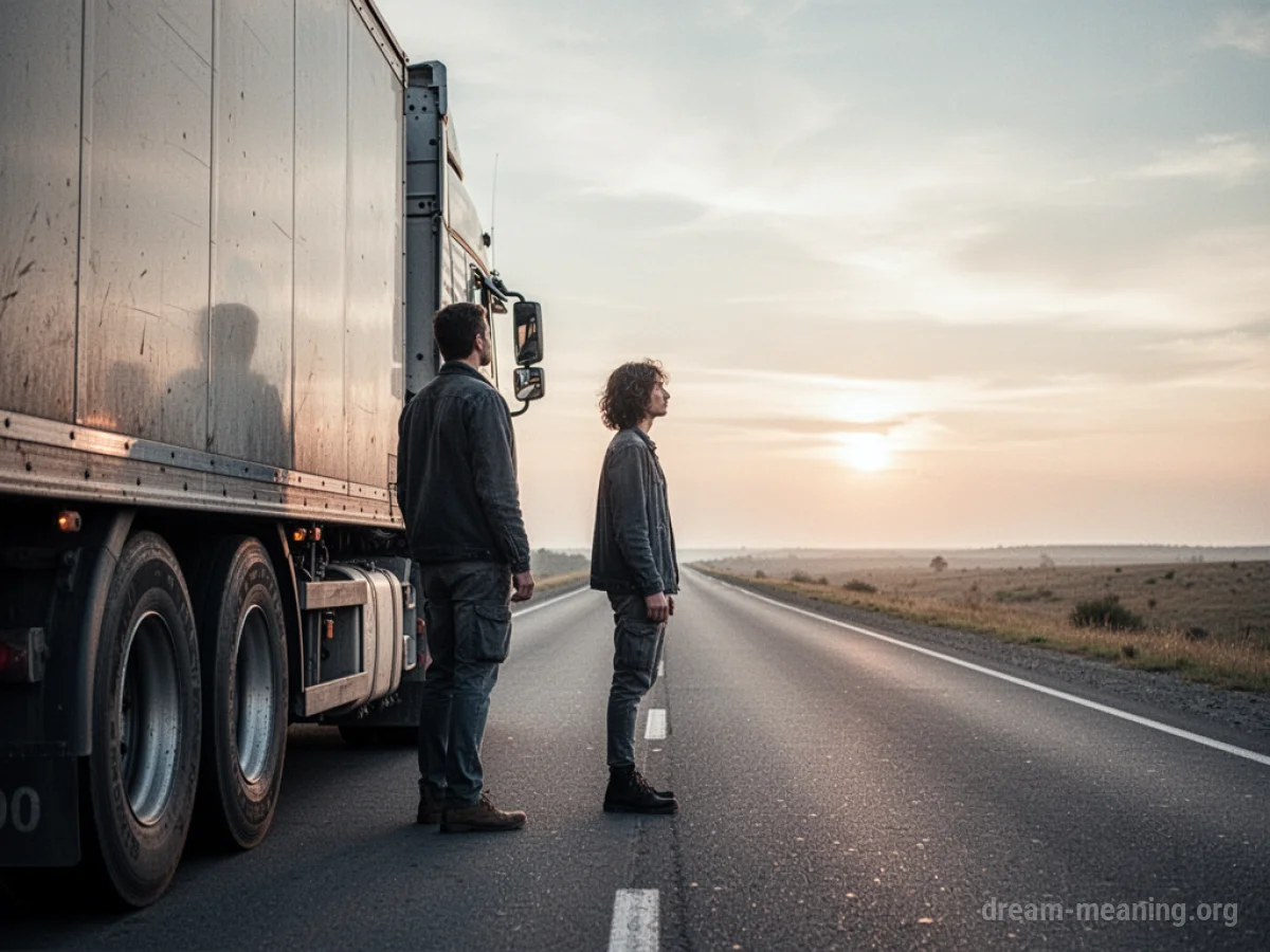 Person standing by a large truck on a desolate road.