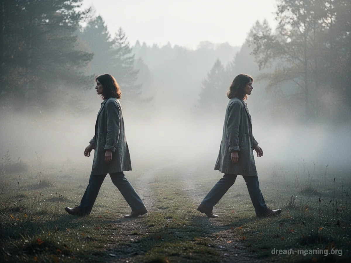 Two identical silhouettes walking away from each other.