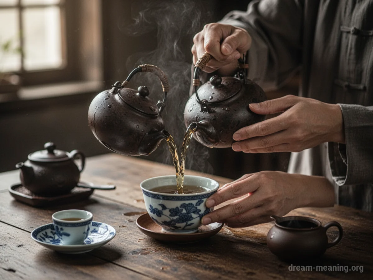 Hands pouring tea from a teapot into a cup.