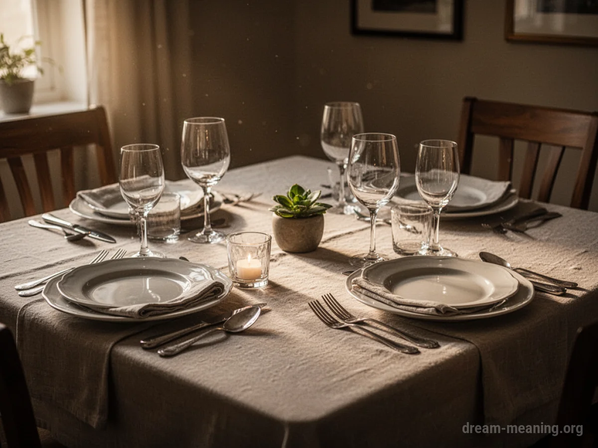 A dining table set with plates, silverware, and glasses.