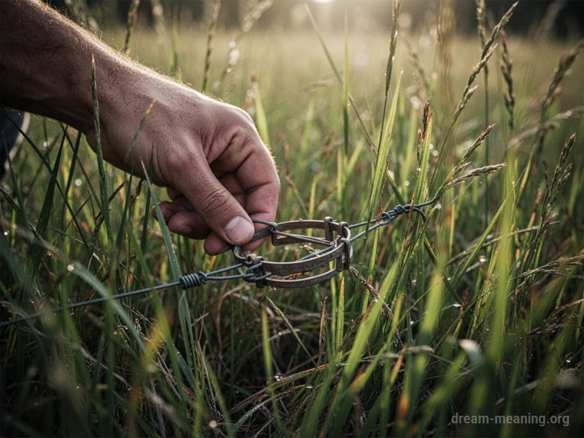 A hand placing a snare in tall grass.