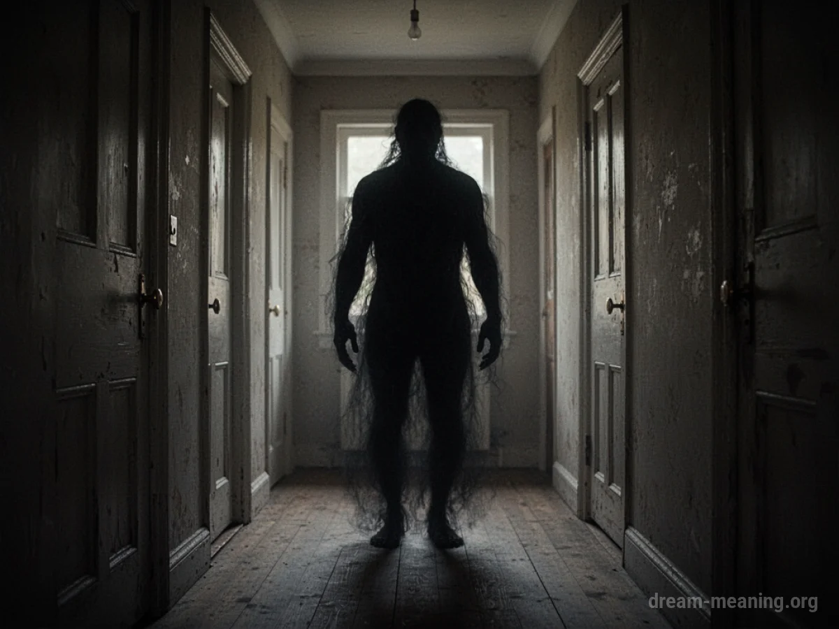 A silhouetted shadow figure at the end of a dark hallway.