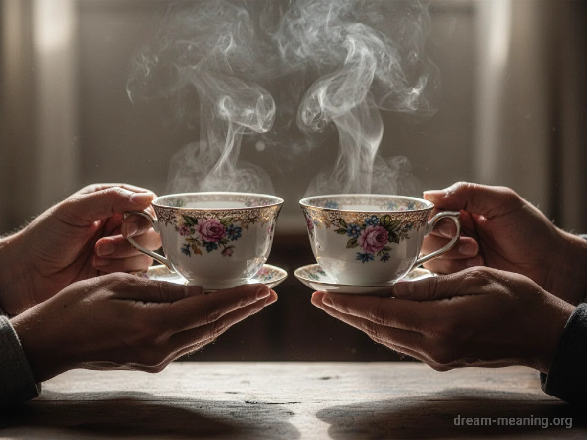 Two hands holding teacups in a gesture of sharing.