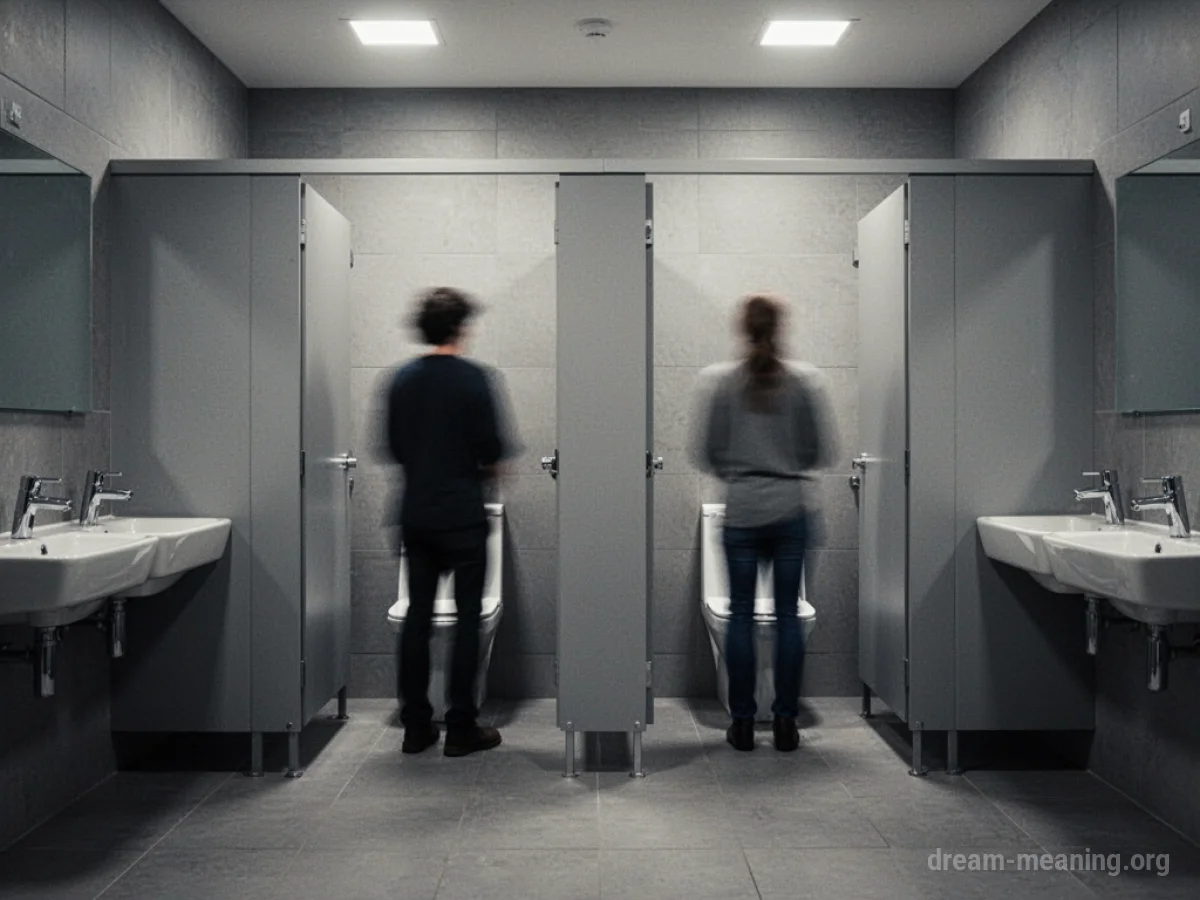 Two silhouette figures in a public restroom with stalls.