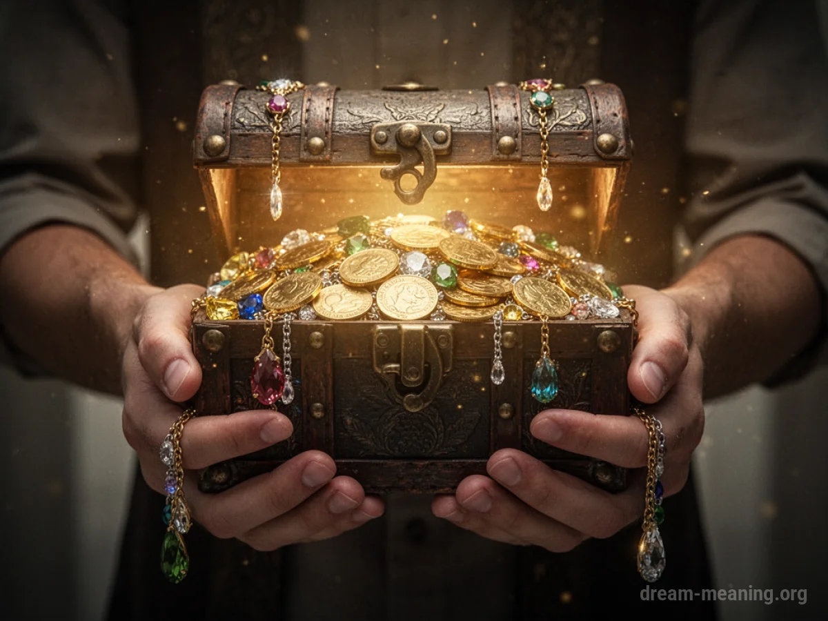 Two hands offering a chest filled with gold and gems.