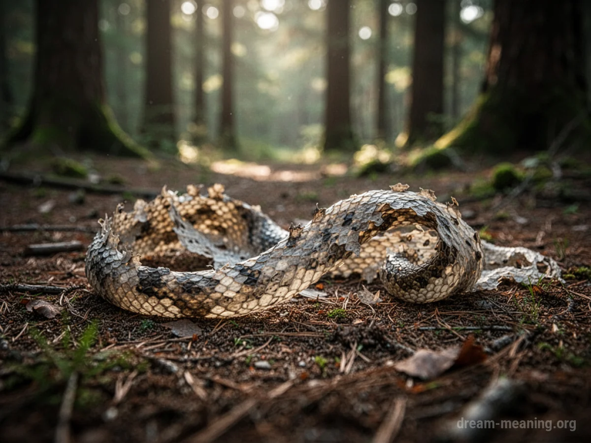 A translucent, empty snake skin left on the forest floor.