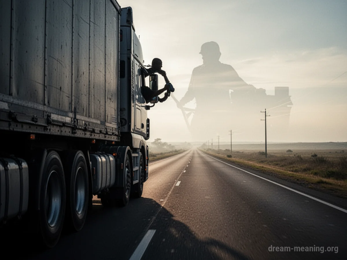 Silhouette of a person driving a truck on a long road.