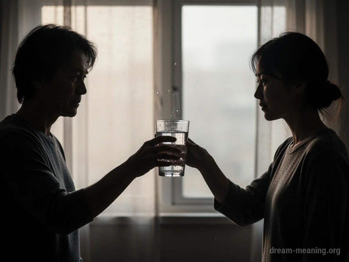 A silhouette figure extends a glass of water towards another silhouette figure.
