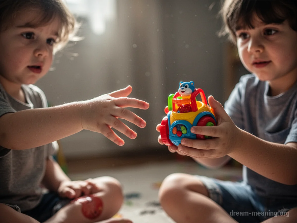 A child's hand reaching for a toy held by another child.