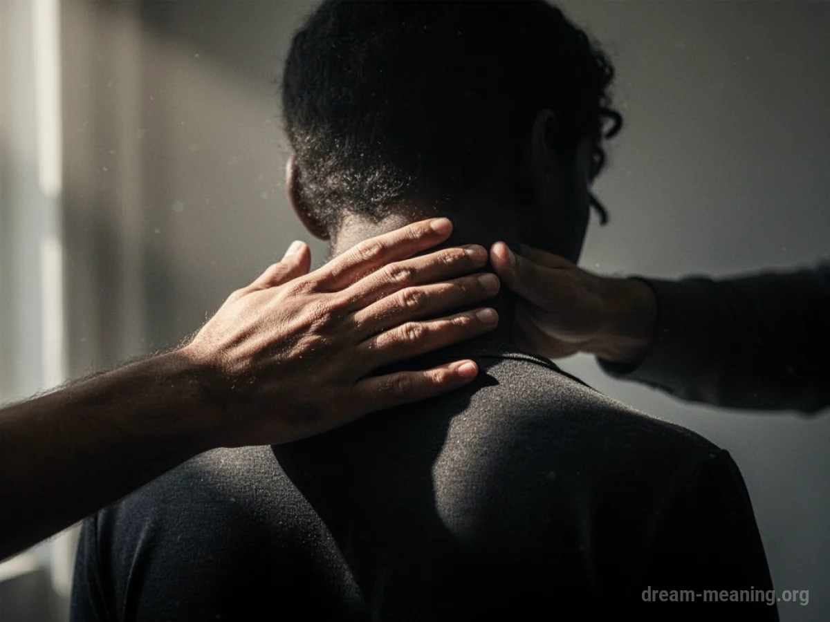 A dark silhouette with a hand reaching towards its neck.