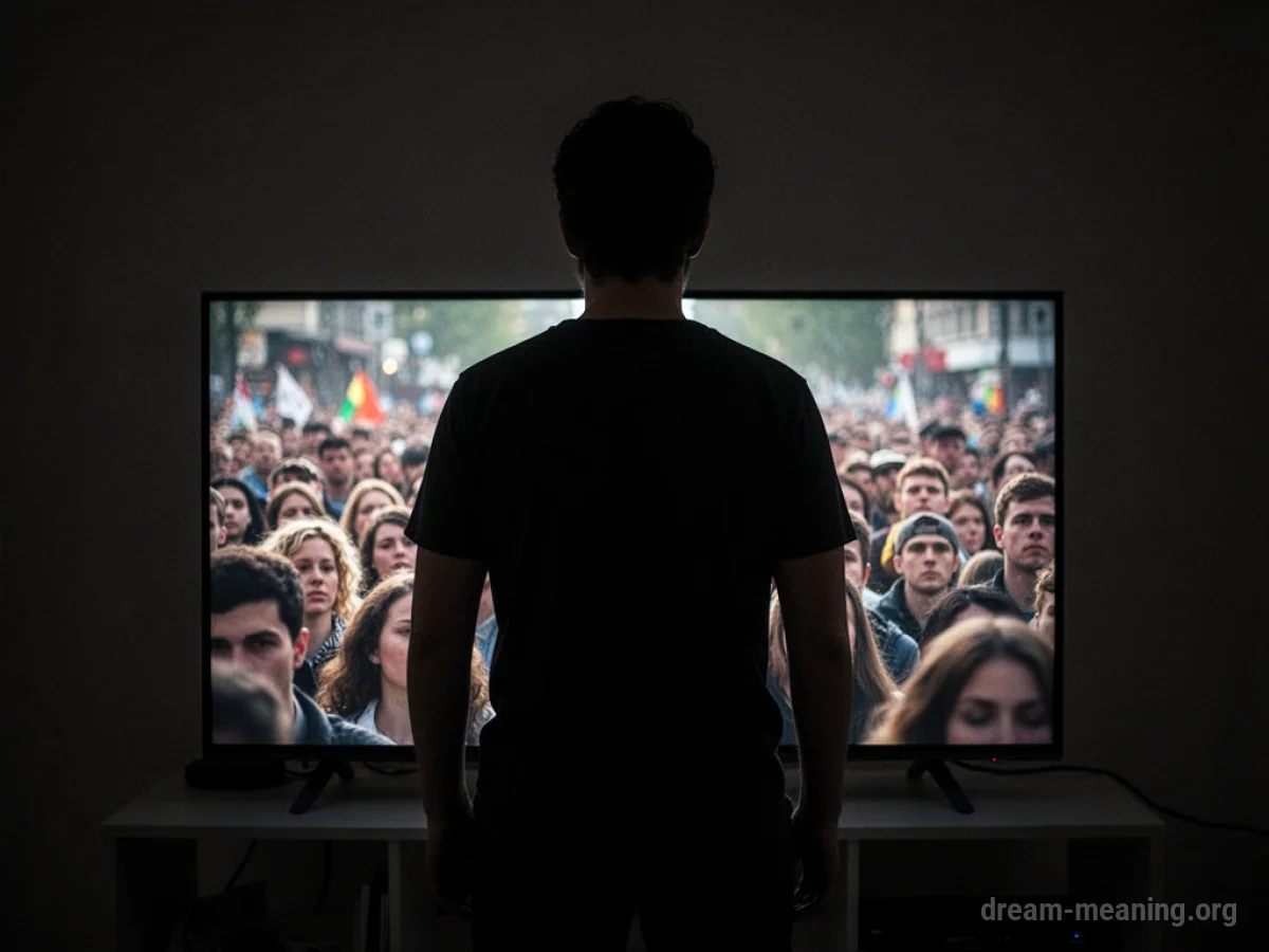 Silhouette of a person behind a television screen showing a crowd.