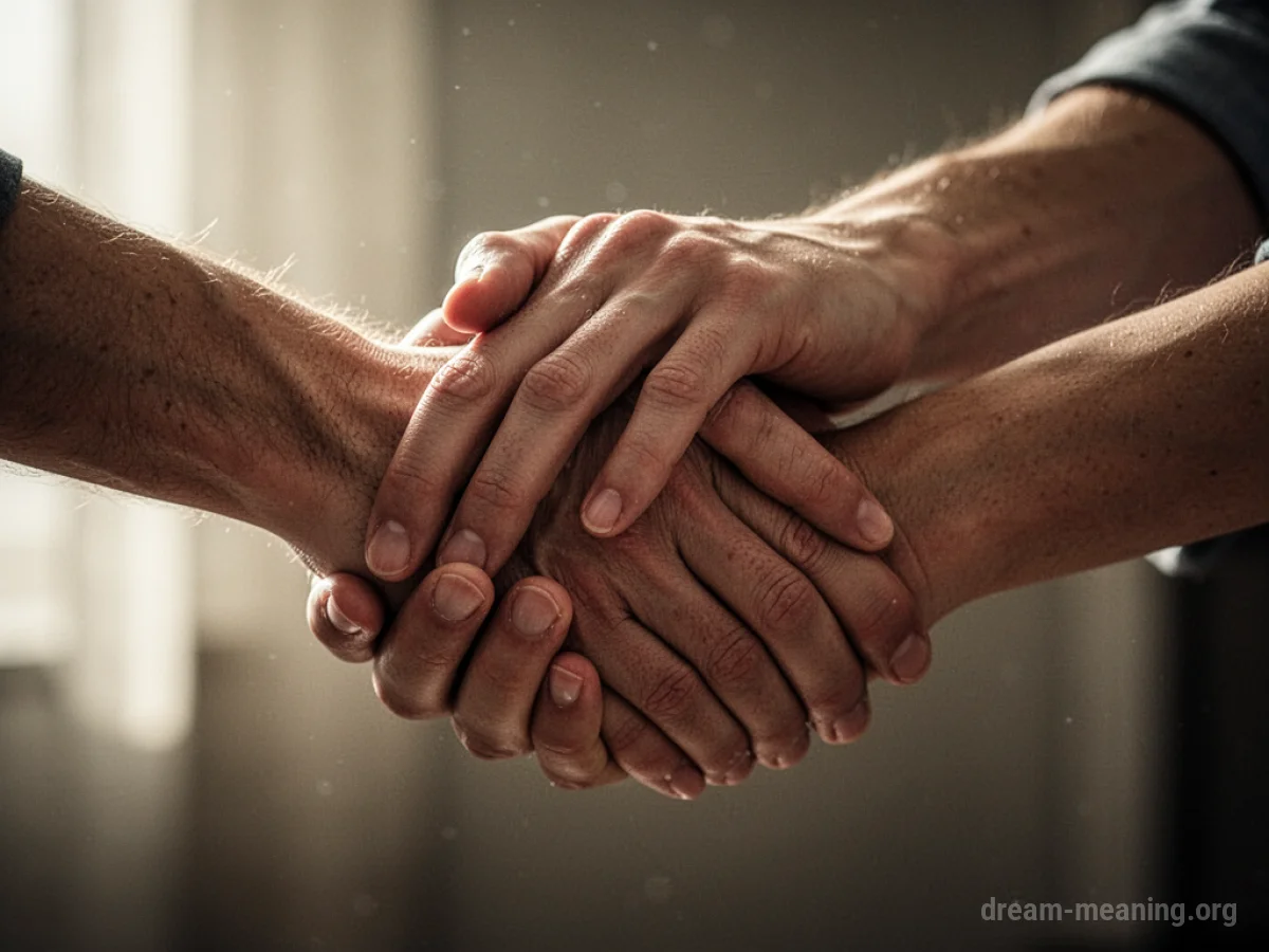 Close-up of two people's hands clasped together.