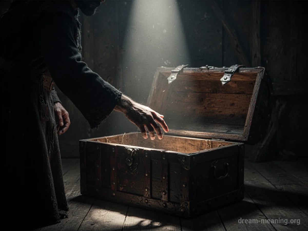 A shadowy figure's hand reaching into a chest filled with glowing objects.