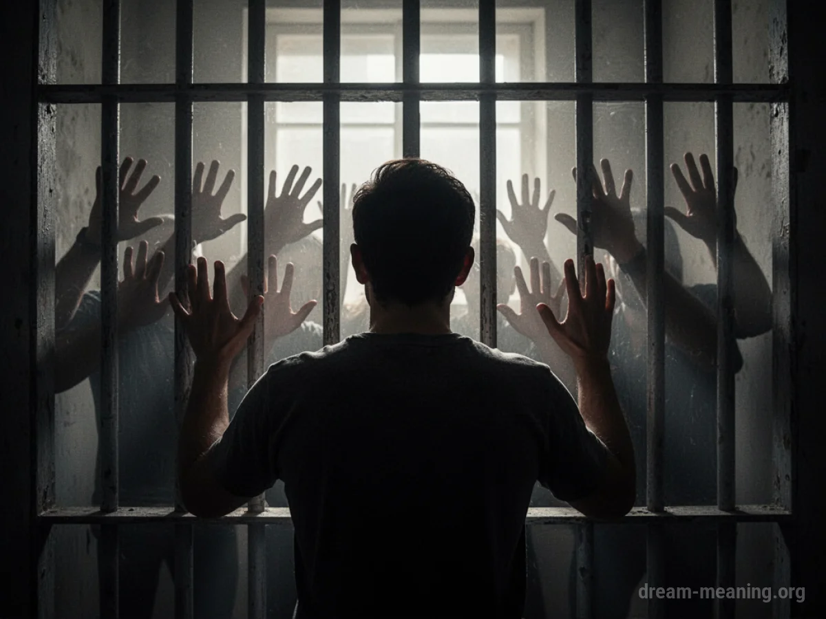 Silhouette figure behind bars with shadowy hands reaching out.