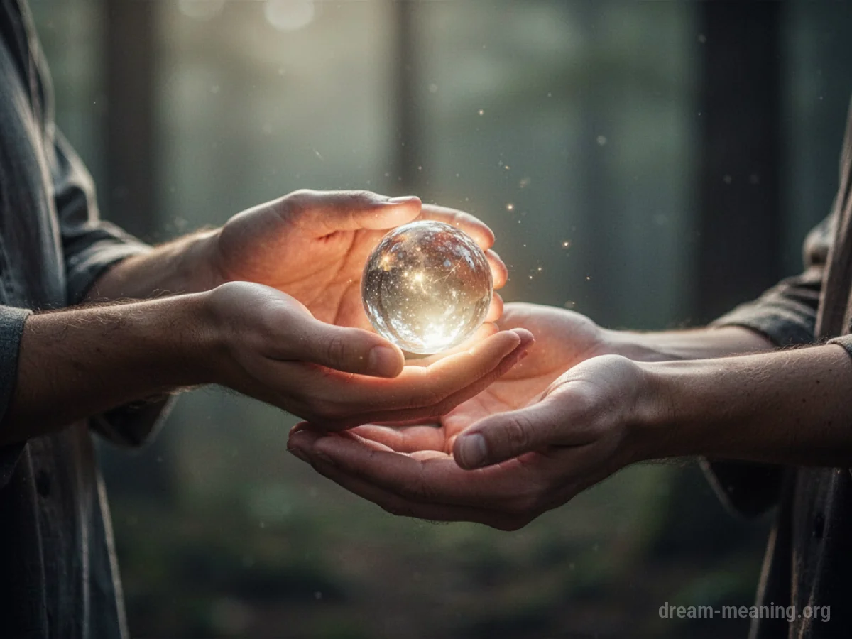 Two pairs of hands reaching towards each other, one pair holding a soft light.
