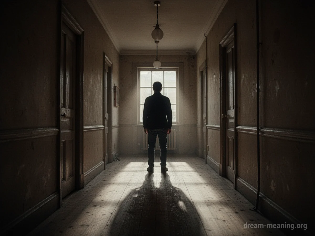 Silhouette of a person in a dark hallway with long shadows.
