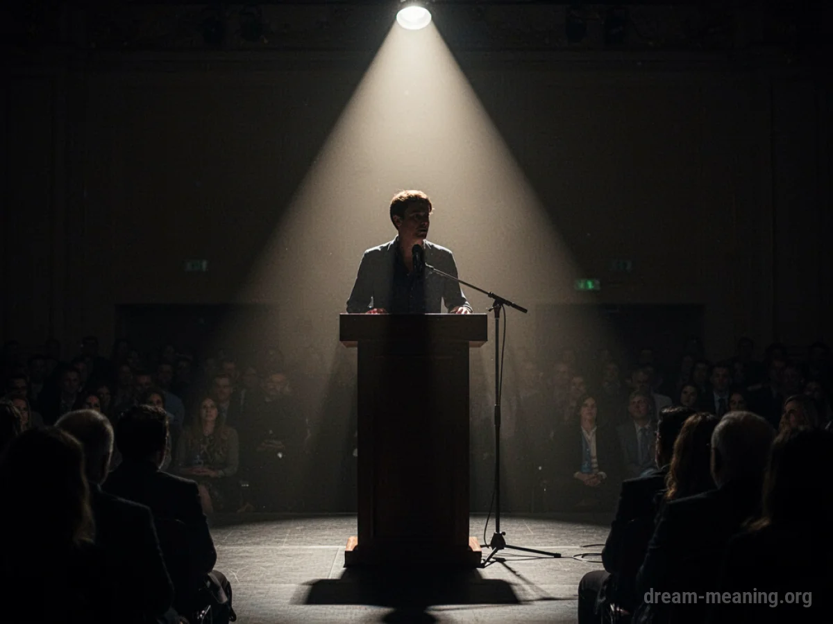 Silhouette of a person speaking at a podium under a spotlight.