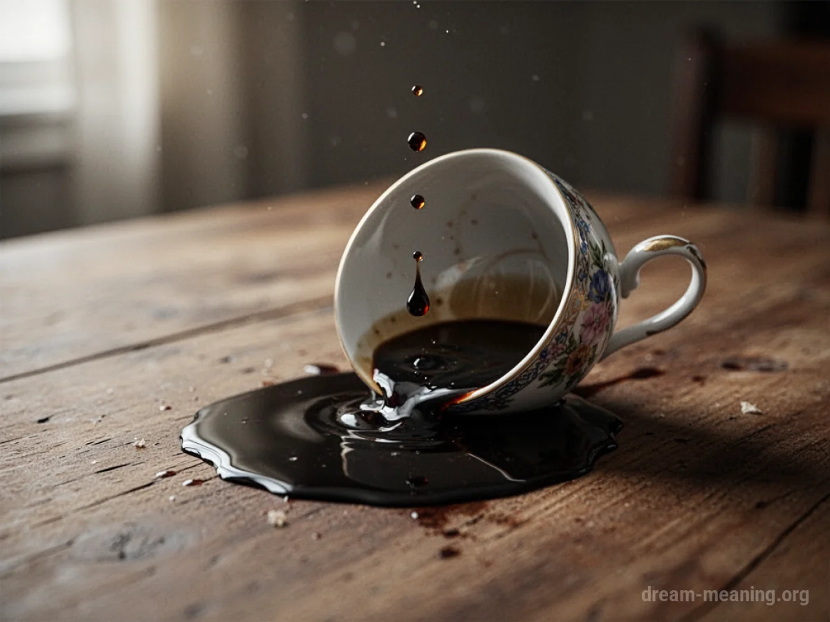 A teacup tipped over with dark liquid spreading across a table surface.