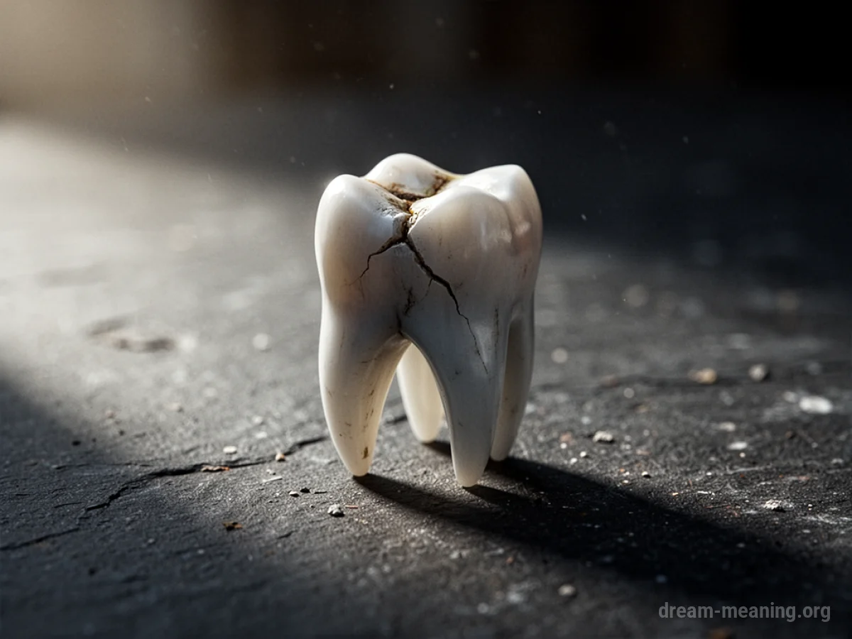 A single broken tooth lying on a rough, dark surface.