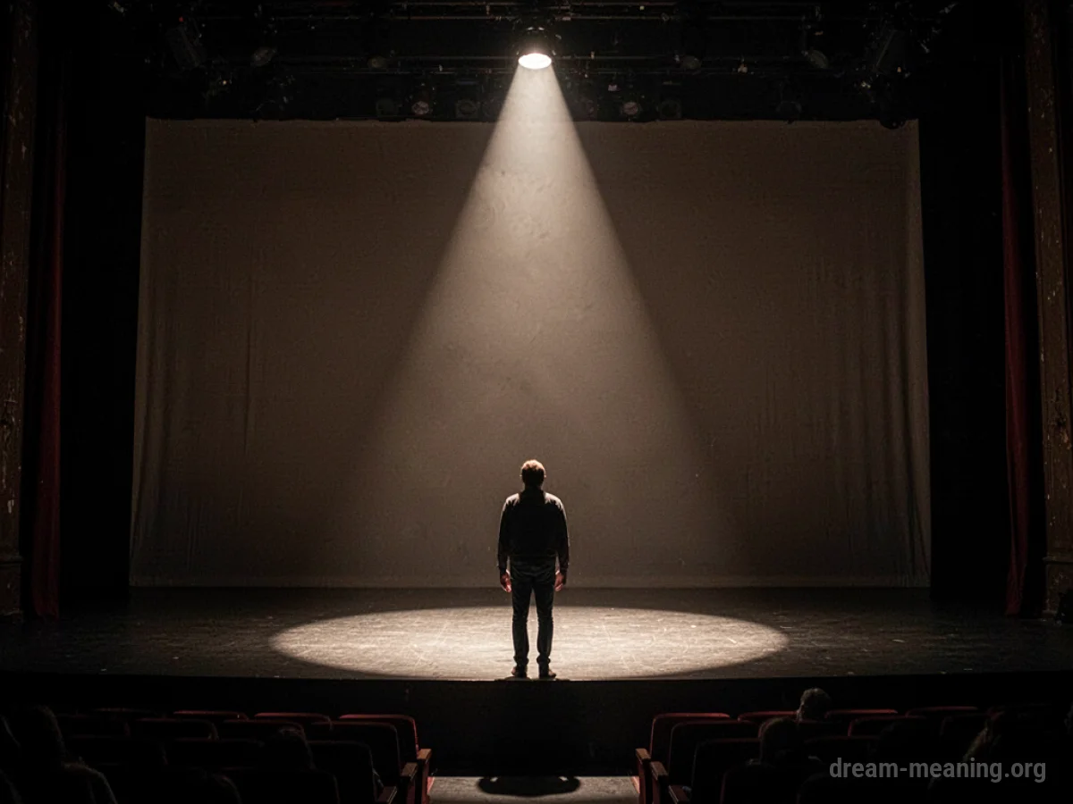 Silhouette of a person on a dimly lit stage facing a single spotlight.