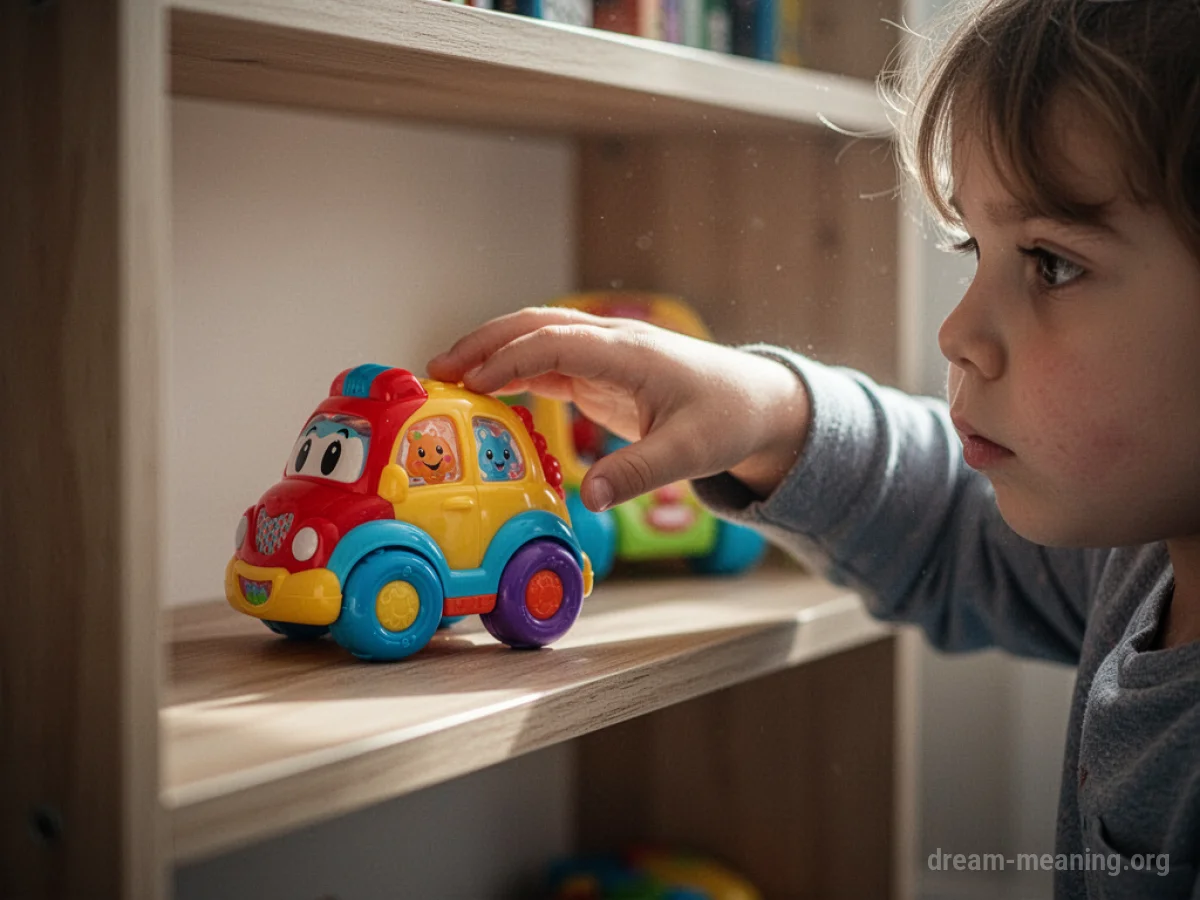 A child's hand reaching towards a toy on a shelf.