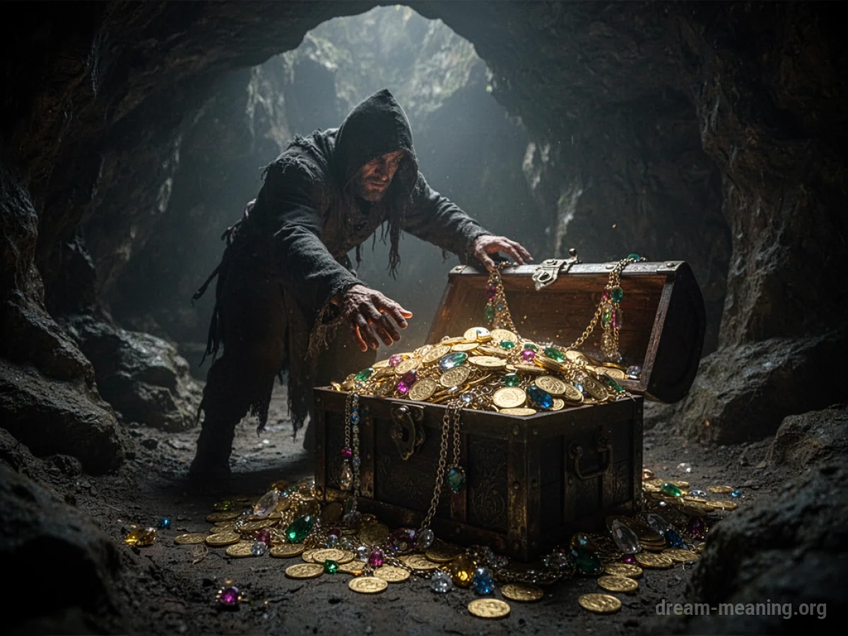 A shadowy figure's hand reaching into a treasure chest.
