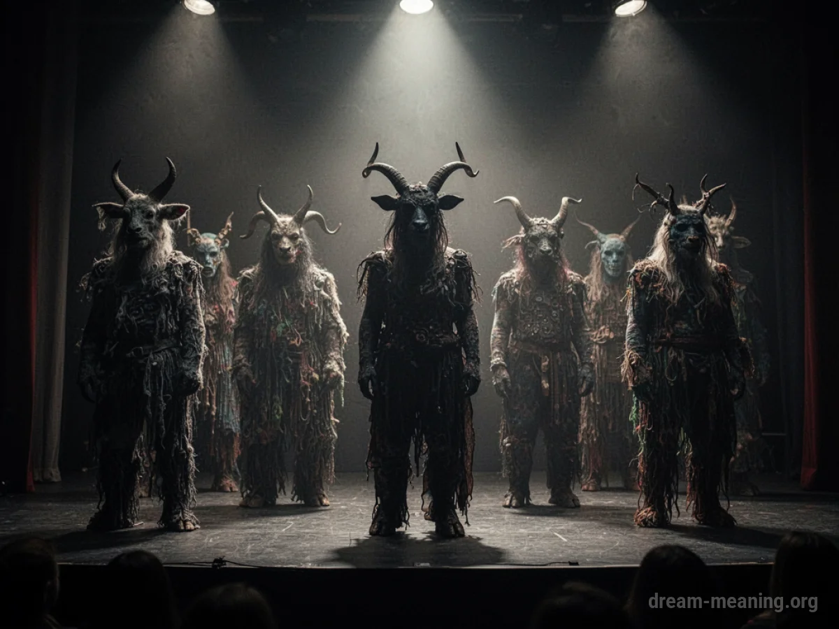 Shadowy figures in odd costumes stand on a stage.