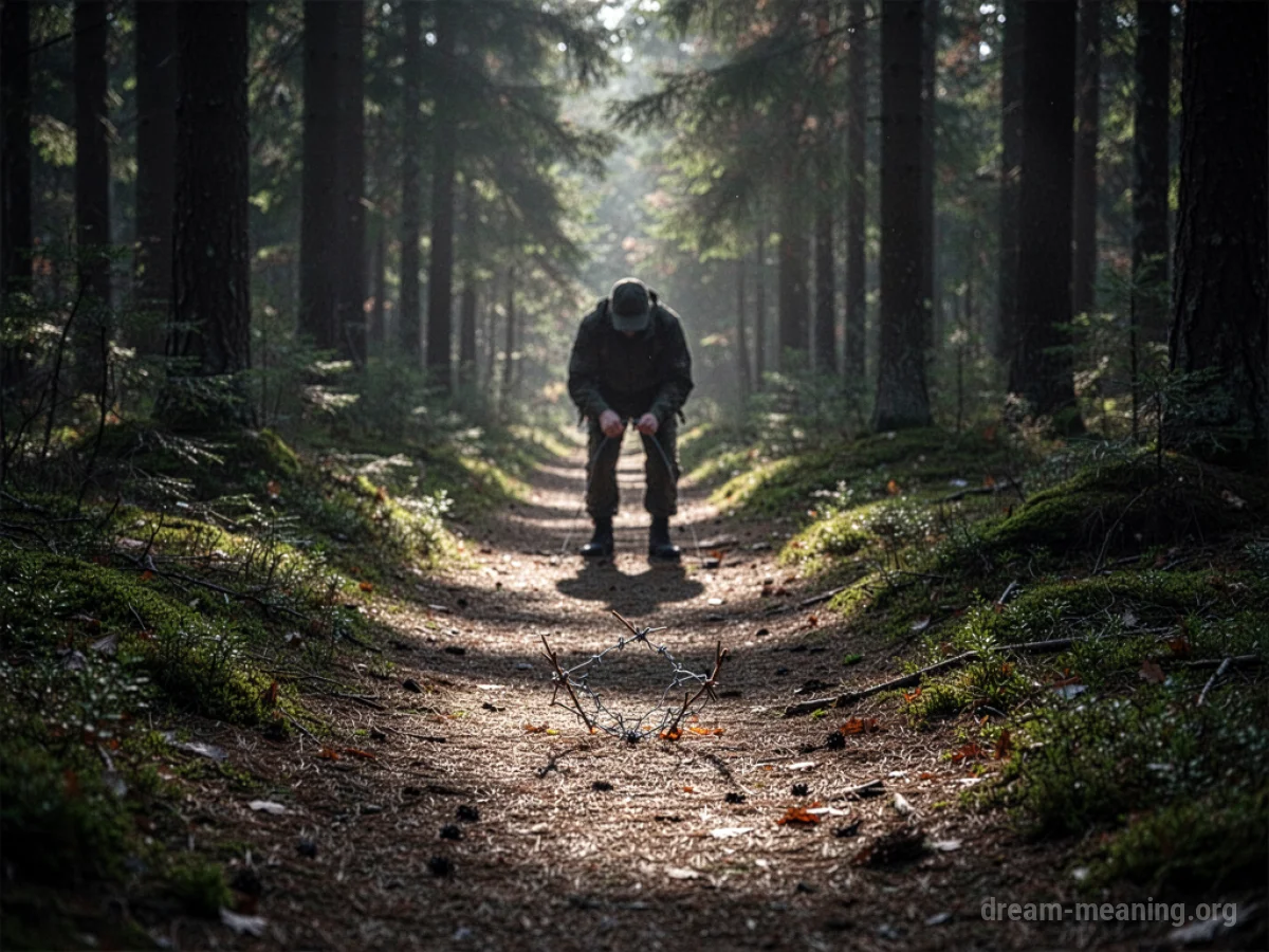 A silhouette of a person placing a snare on a dirt path in a wooded area.
