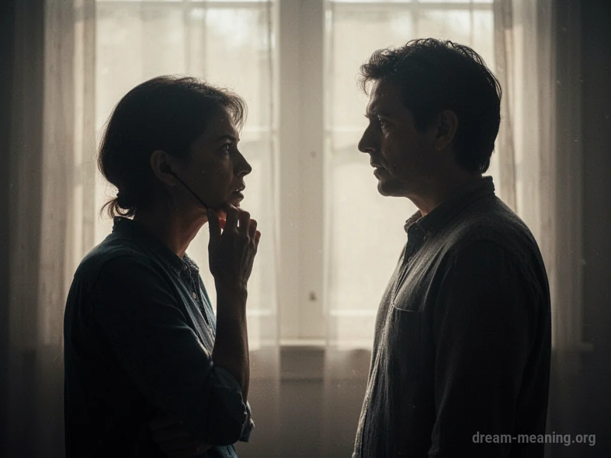 A silhouette of one person listening to another person in soft light.