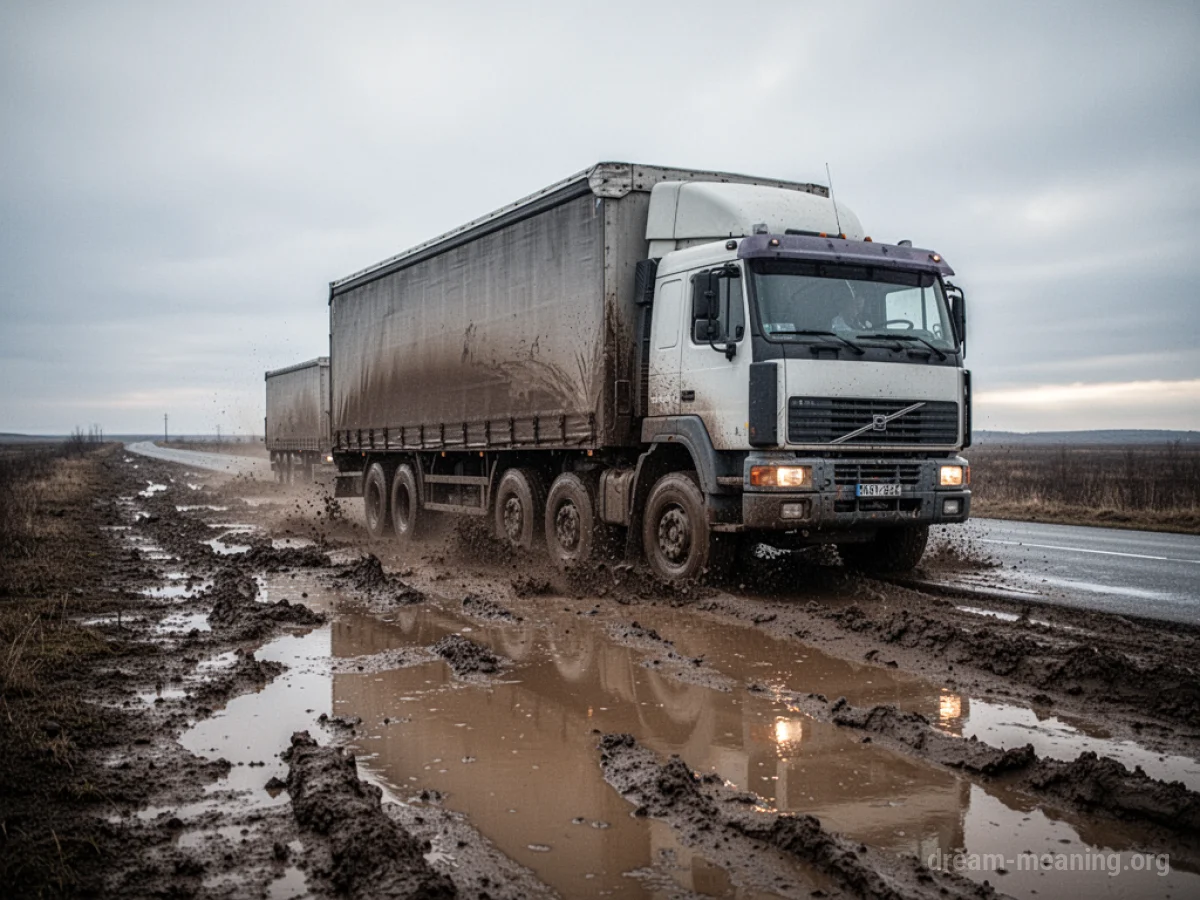 A large truck stopped on a muddy road under a cloudy sky.