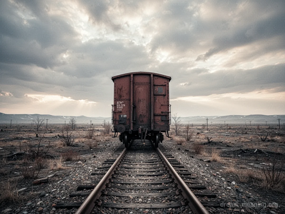 A train car halted on railroad tracks in a barren environment.